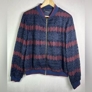 Trina Turk Women’s Large Navy Lace Crochet Bomber Jacket Geometric Zip Front